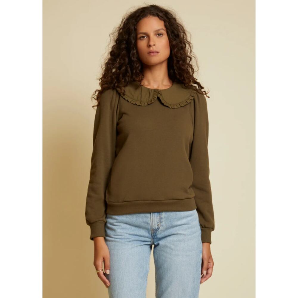 Nation LTD Coco Sweatshirt Ruffle Peter Pan Collar in Olive Green Womans XS